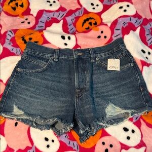 Frayed Hem Dark Blue Denim Shorts - Women's free people we the free now or never